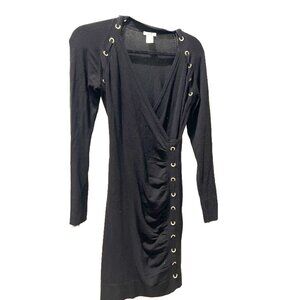 Vintage Y2K Cache Black Midi Grommet Sweater Sexy Stretch Black V Neck Fitted